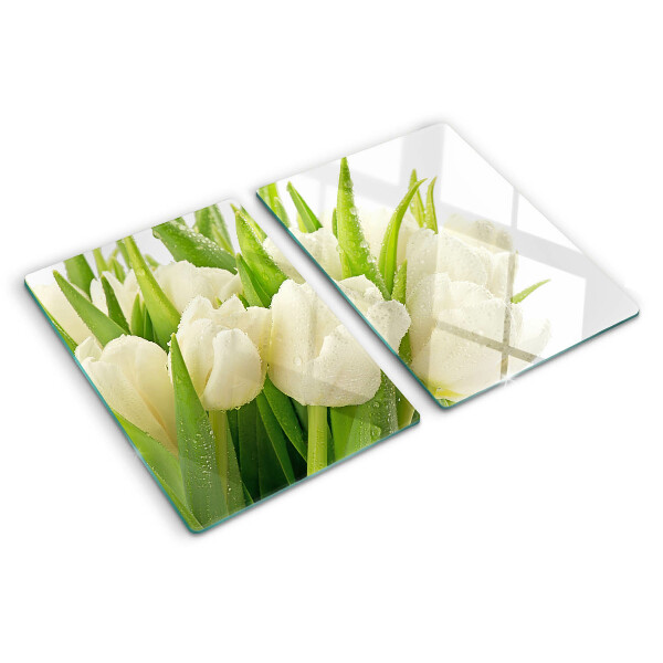 Tagliere in vetro temperato con motivo di tulipani e gocce d'acqua