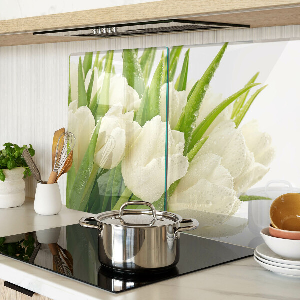 Tagliere in vetro temperato con motivo di tulipani e gocce d'acqua