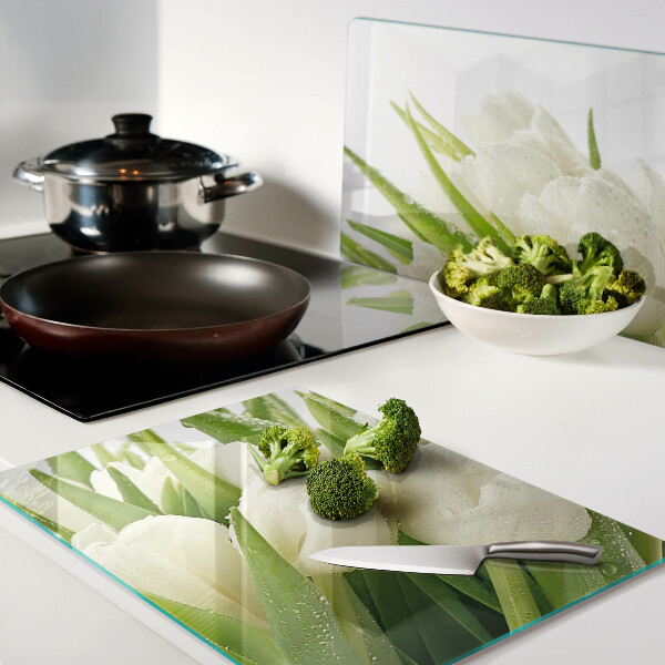 Tagliere in vetro temperato con motivo di tulipani e gocce d'acqua