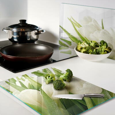 Tagliere in vetro temperato con motivo di tulipani e gocce d'acqua