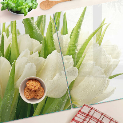 Tagliere in vetro temperato con motivo di tulipani e gocce d'acqua