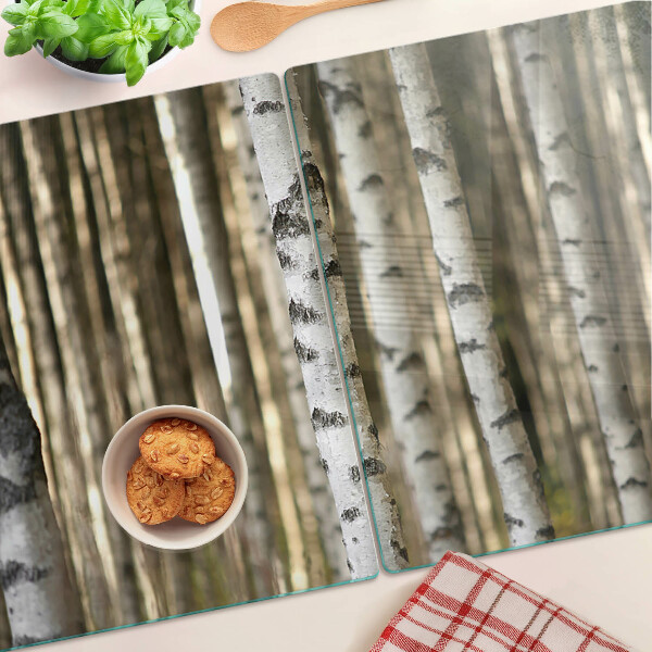 Tagliere in vetro temperato con stampa a tema betulle bianche nel bosco