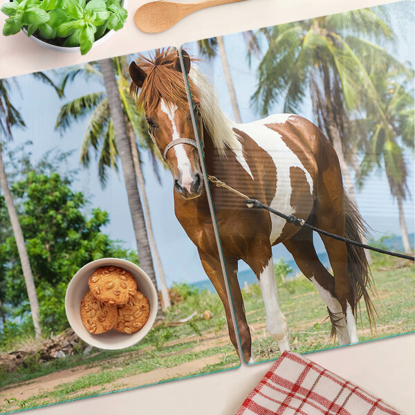 Tagliere in vetro temperato con cavallo su sfondo di palme