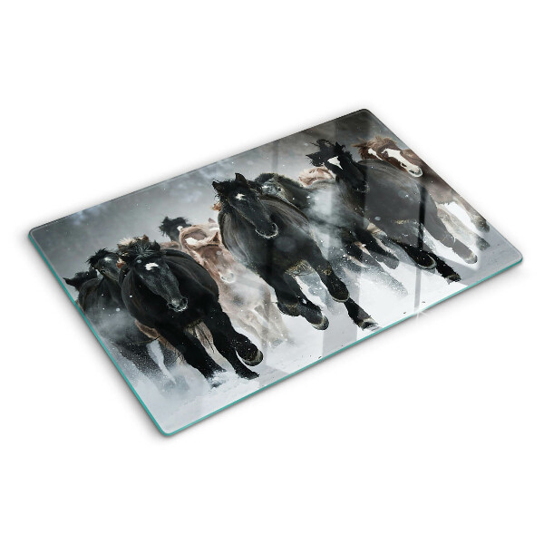 Tagliere in vetro temperato con decorazione di cavalli al galoppo nella nebbia