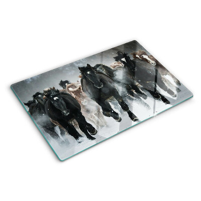 Tagliere in vetro temperato con decorazione di cavalli al galoppo nella nebbia
