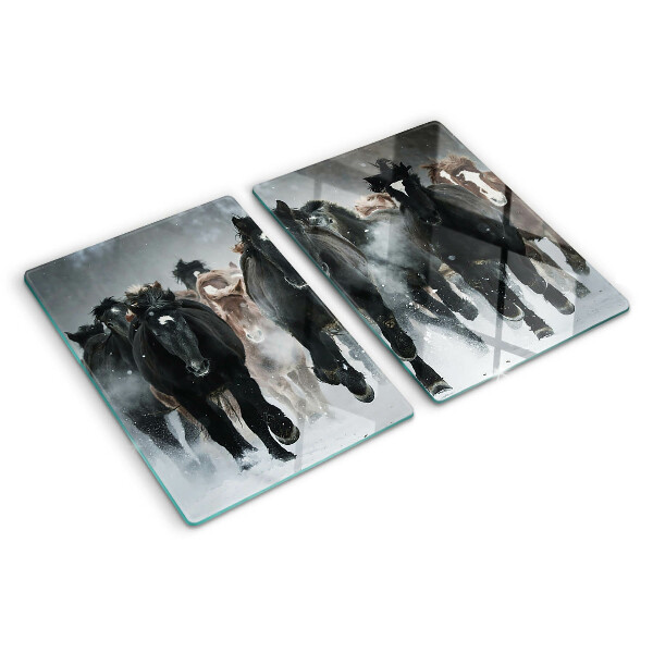 Tagliere in vetro temperato con decorazione di cavalli al galoppo nella nebbia