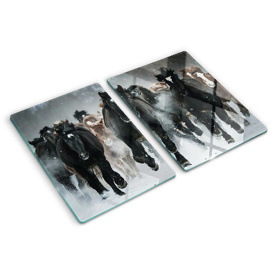 Tagliere in vetro temperato con decorazione di cavalli al galoppo nella nebbia