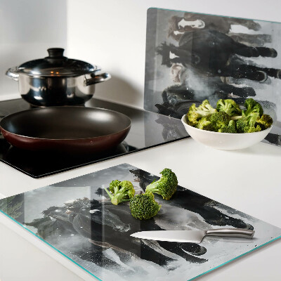 Tagliere in vetro temperato con decorazione di cavalli al galoppo nella nebbia