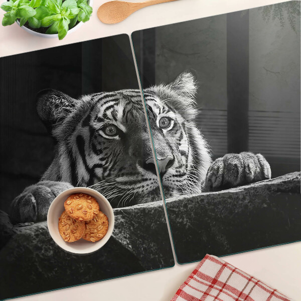 Tagliere in vetro con motivo a tigre in bianco e nero