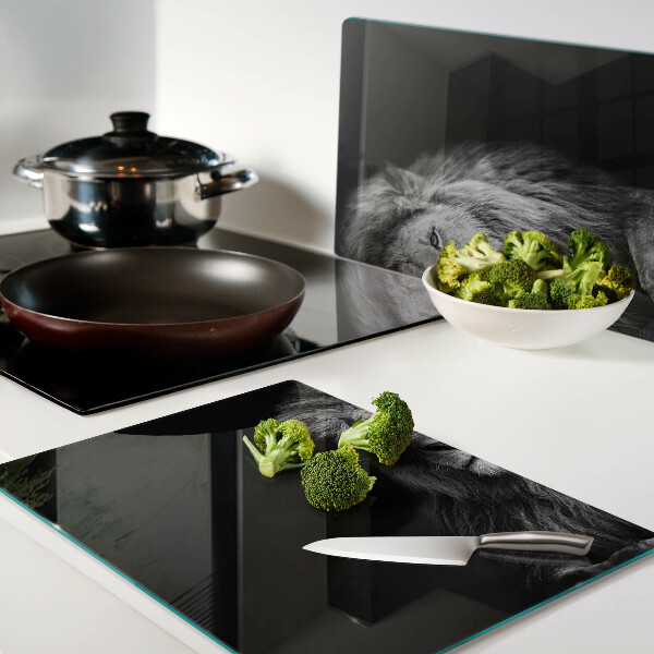 Tagliere in vetro temperato con motivo leone in bianco e nero