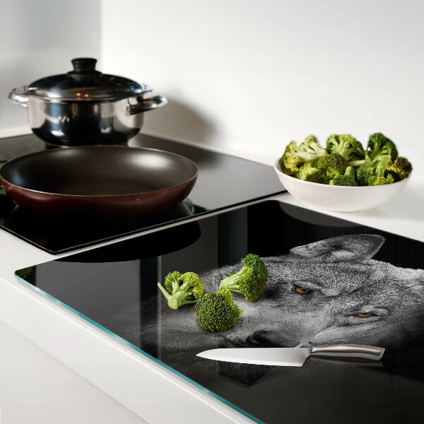 Tagliere in vetro temperato con motivo del lupo nei toni del grigio