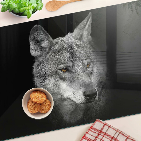 Tagliere in vetro temperato con motivo del lupo nei toni del grigio