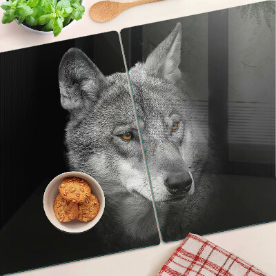 Tagliere in vetro temperato con motivo del lupo nei toni del grigio