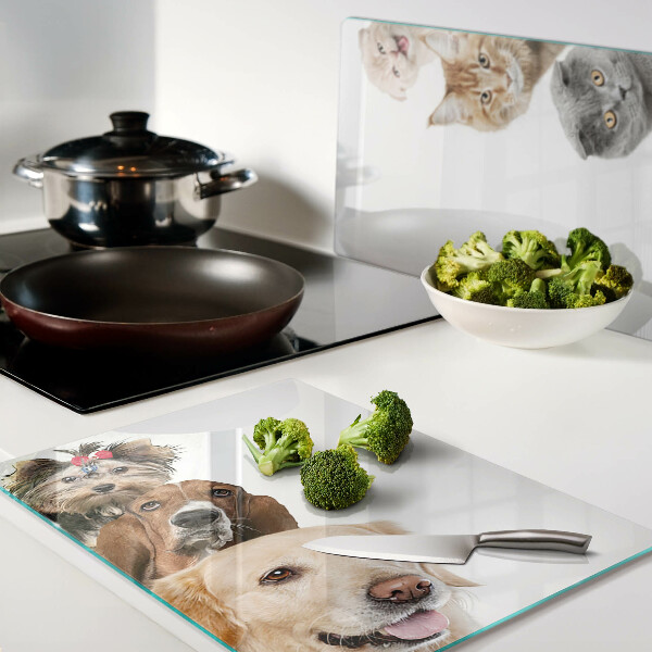 Tagliere in vetro con decoro raffigurante cani e gatti in varie pose