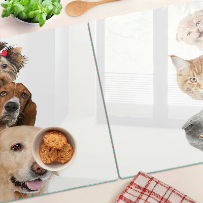 Tagliere in vetro con decoro raffigurante cani e gatti in varie pose