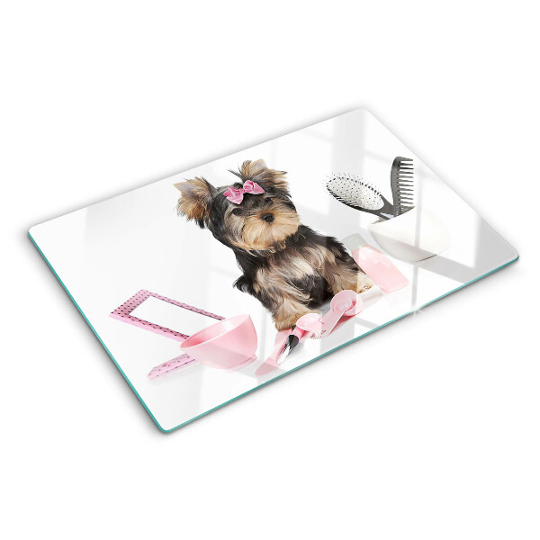 Tagliere in vetro temperato con stampa di un Yorkshire Terrier e accessori per la toelettatura