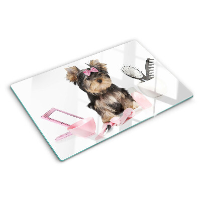 Tagliere in vetro temperato con stampa di un Yorkshire Terrier e accessori per la toelettatura