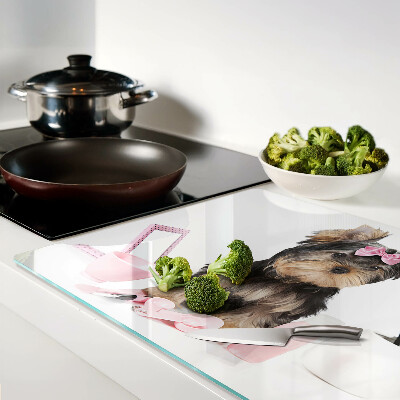 Tagliere in vetro temperato con stampa di un Yorkshire Terrier e accessori per la toelettatura