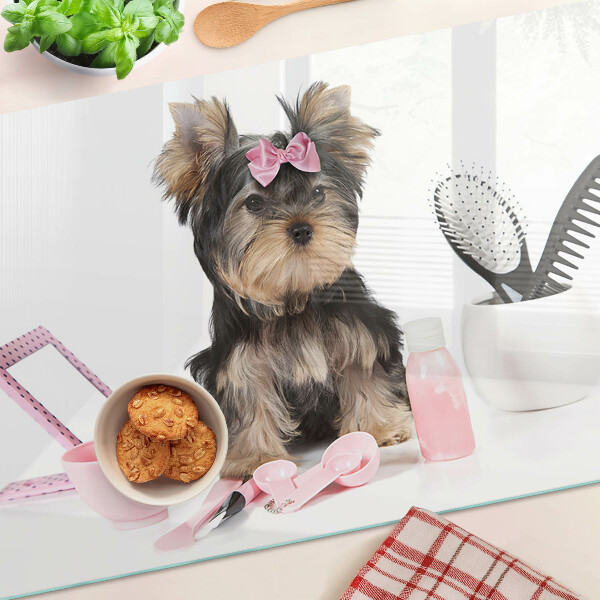 Tagliere in vetro temperato con stampa di un Yorkshire Terrier e accessori per la toelettatura