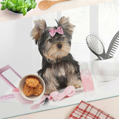 Tagliere in vetro temperato con stampa di un Yorkshire Terrier e accessori per la toelettatura