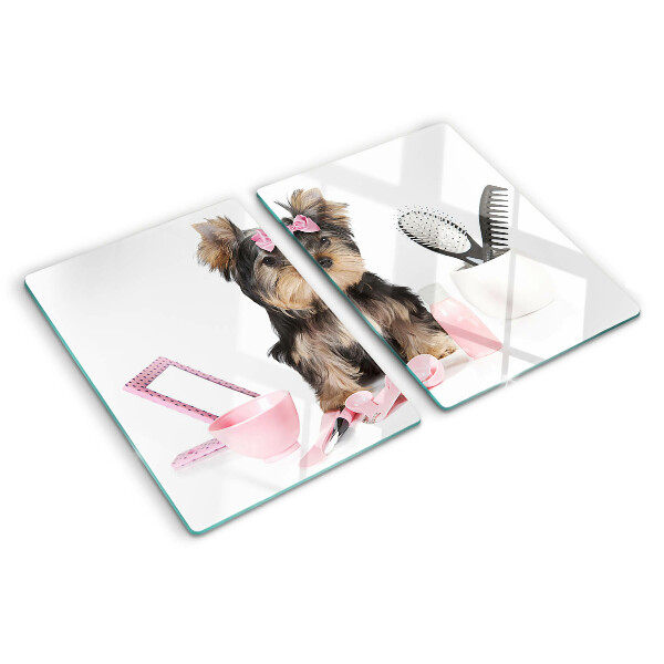 Tagliere in vetro temperato Yorkshire Terrier con accessori per la toelettatura