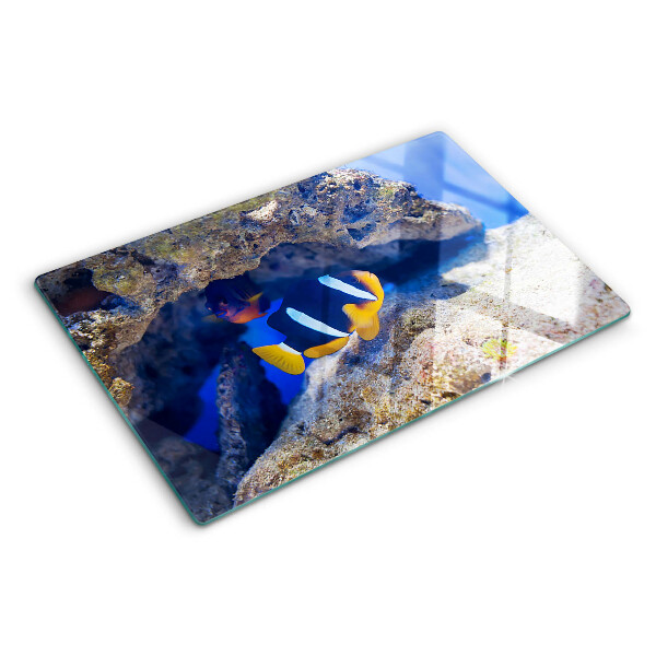 Tagliere in vetro temperato con motivo di pesciolini nella barriera corallina