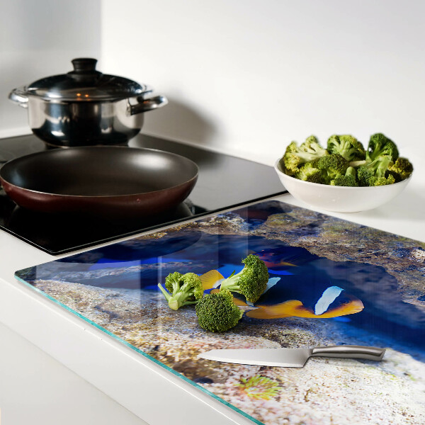 Tagliere in vetro temperato con motivo di pesciolini nella barriera corallina