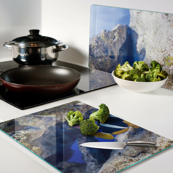 Tagliere in vetro temperato con motivo di pesciolini nella barriera corallina