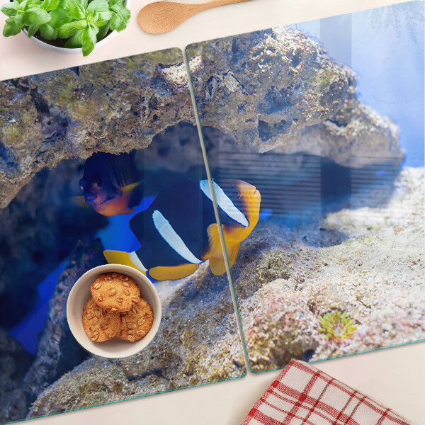 Tagliere in vetro temperato con motivo di pesciolini nella barriera corallina