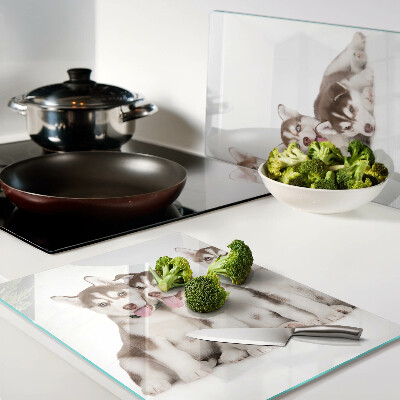 Tagliere in vetro con decorazione a tema cuccioli di husky