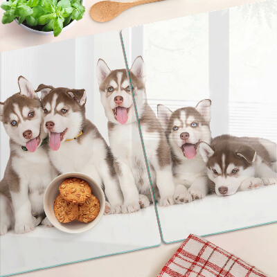 Tagliere in vetro con decorazione a tema cuccioli di husky