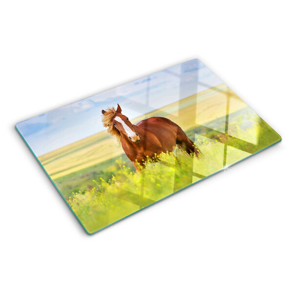 Tagliere in vetro temperato con stampa di un cavallo sul prato