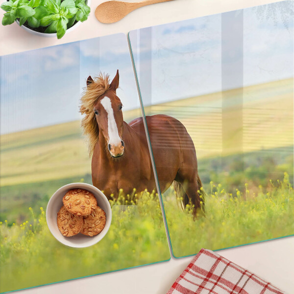 Tagliere in vetro temperato con stampa di un cavallo sul prato