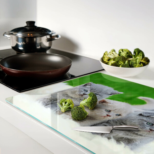 Tagliere in vetro temperato con motivo di gattini su sfondo verde