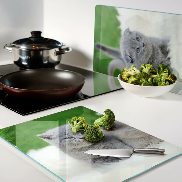 Tagliere in vetro temperato con motivo di gattini su sfondo verde