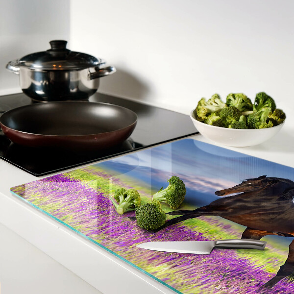 Tagliere in vetro temperato con il disegno di un cavallo su sfondo di fiori viola