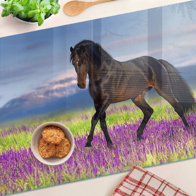 Tagliere in vetro temperato con il disegno di un cavallo su sfondo di fiori viola