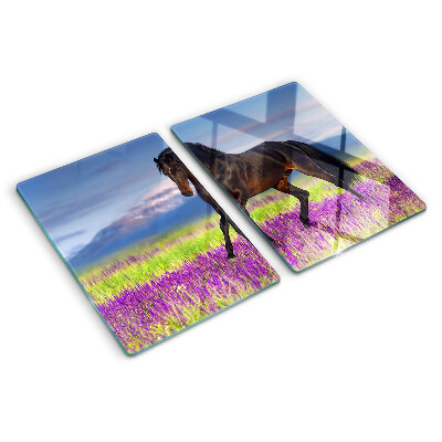 Tagliere in vetro temperato con il disegno di un cavallo su sfondo di fiori viola