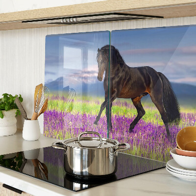 Tagliere in vetro temperato con il disegno di un cavallo su sfondo di fiori viola