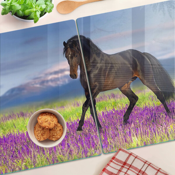 Tagliere in vetro temperato con il disegno di un cavallo su sfondo di fiori viola