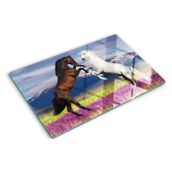 Tagliere in vetro temperato con il motivo di cavalli su sfondo di montagne e fiori