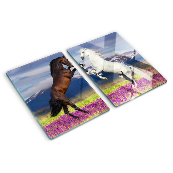 Tagliere in vetro temperato con il motivo di cavalli su sfondo di montagne e fiori