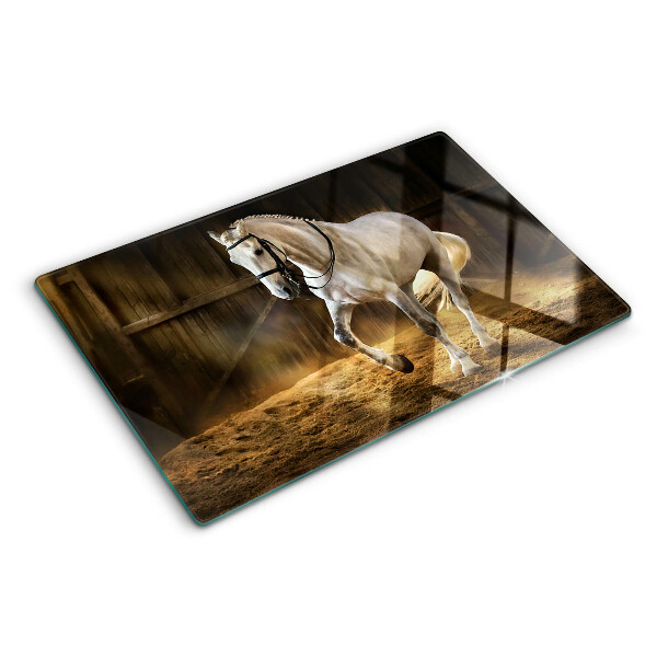 Tagliere in vetro temperato con stampa raffigurante un cavallo in movimento nella stalla