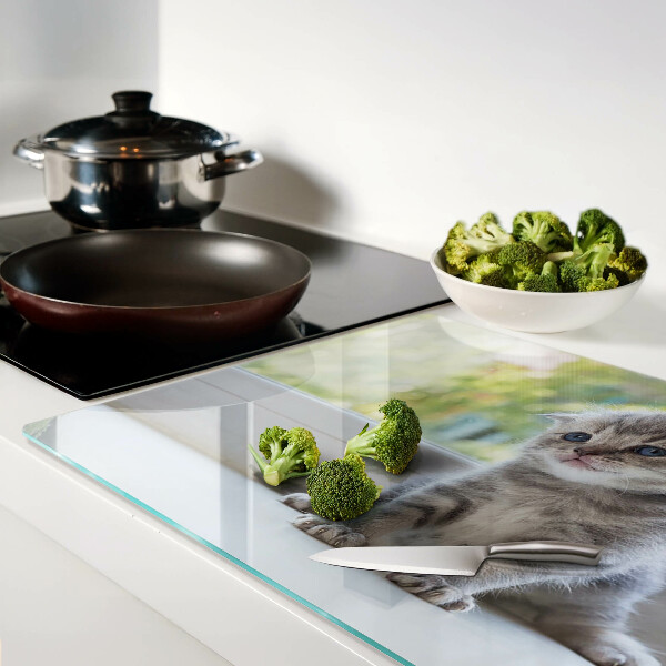 Tagliere in vetro temperato con stampa di un gattino sul davanzale