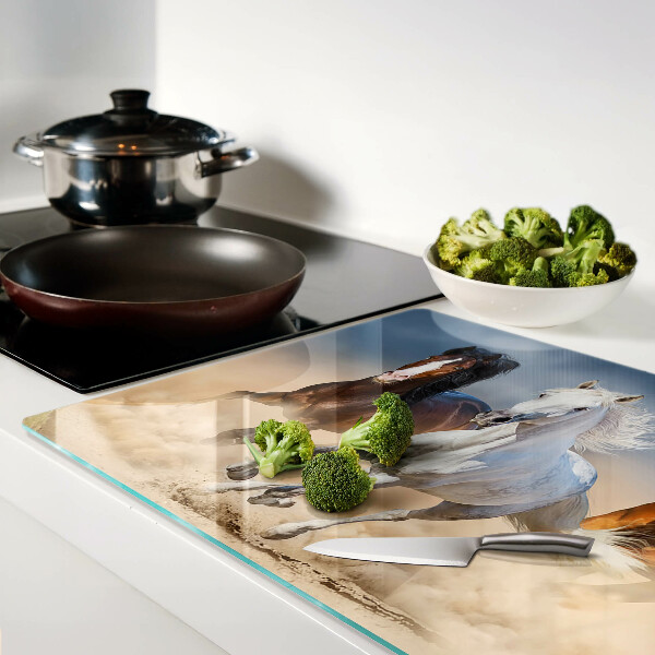 Tagliere in vetro con decorazione raffigurante tre cavalli al galoppo