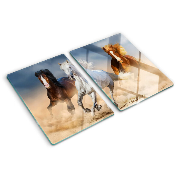 Tagliere in vetro con decorazione raffigurante tre cavalli al galoppo