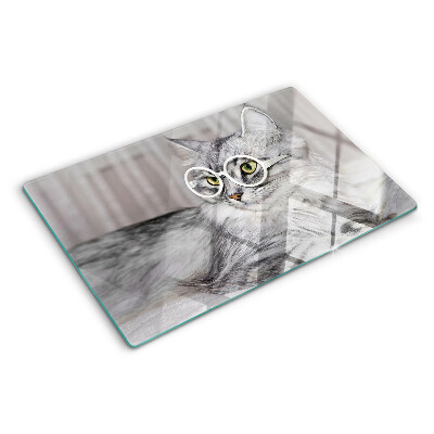 Tagliere in vetro temperato con stampa di un gatto con gli occhiali