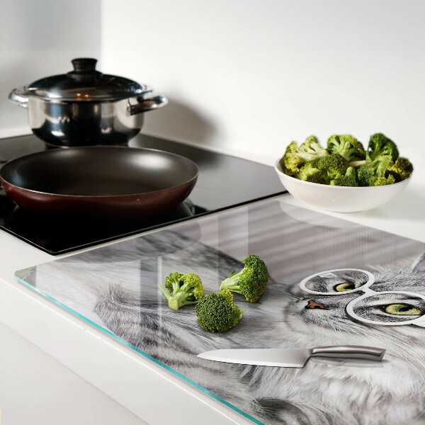 Tagliere in vetro temperato con stampa di un gatto con gli occhiali