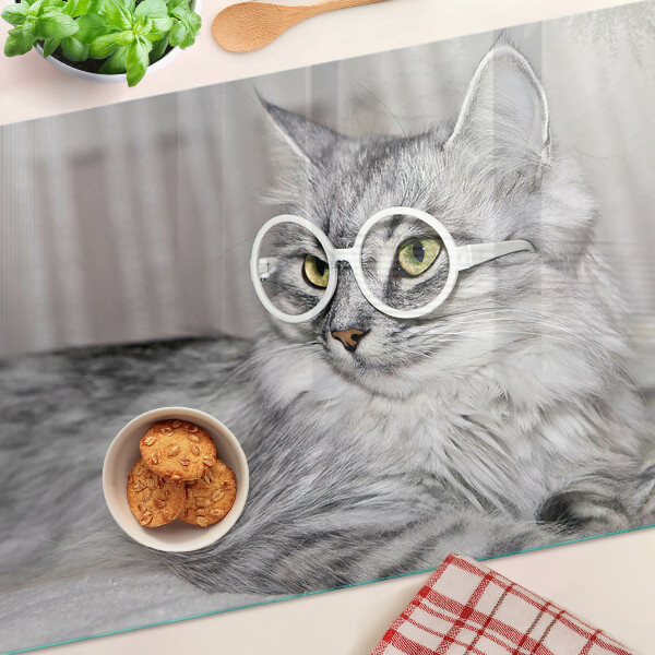 Tagliere in vetro temperato con stampa di un gatto con gli occhiali