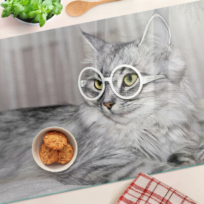 Tagliere in vetro temperato con stampa di un gatto con gli occhiali